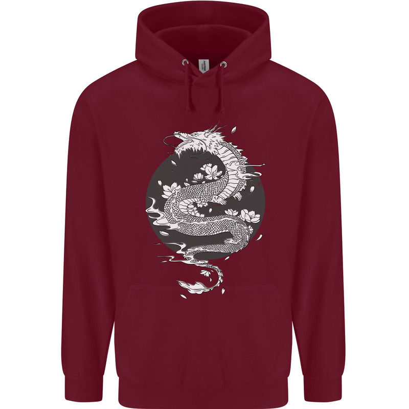 Japanese Fantasy Dragon Sun Background Childrens Kids Hoodie Maroon