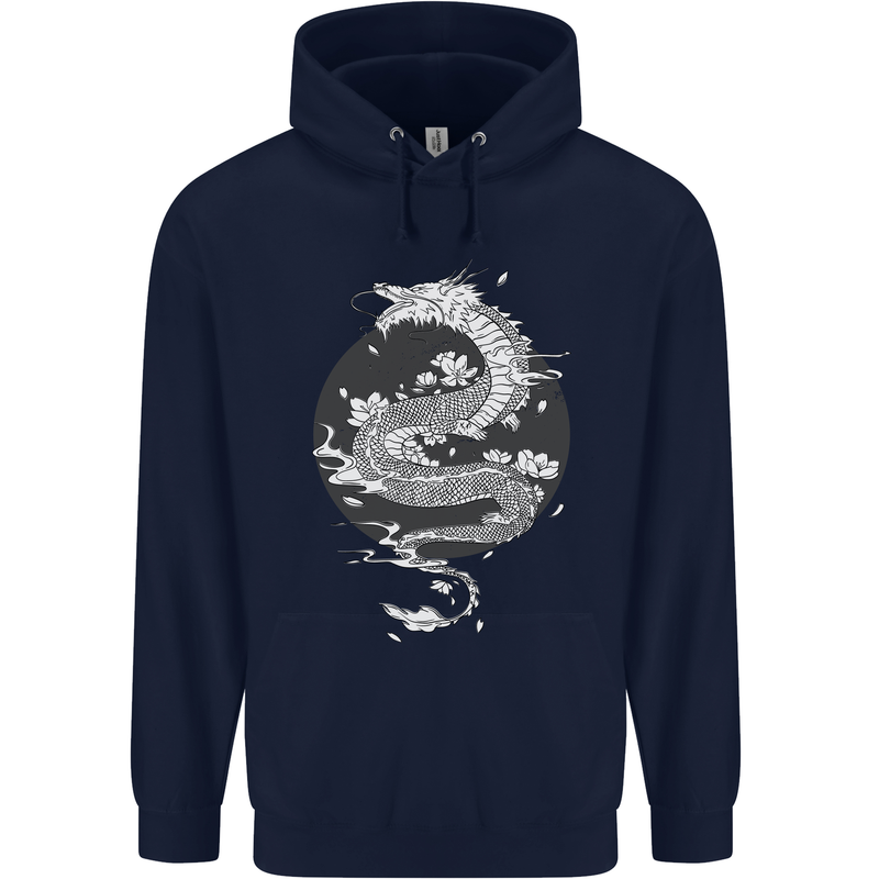 Japanese Fantasy Dragon Sun Background Childrens Kids Hoodie Navy Blue