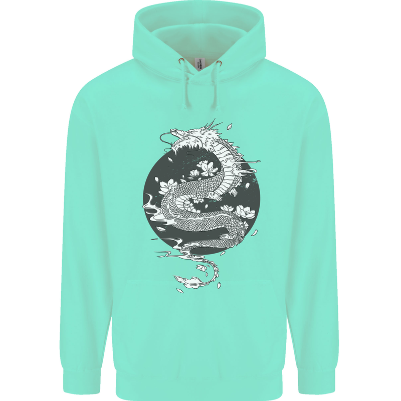 Japanese Fantasy Dragon Sun Background Childrens Kids Hoodie Peppermint