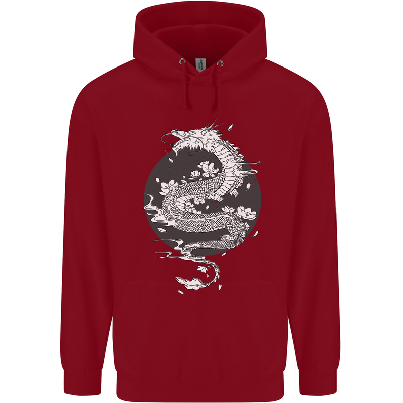Japanese Fantasy Dragon Sun Background Childrens Kids Hoodie Red