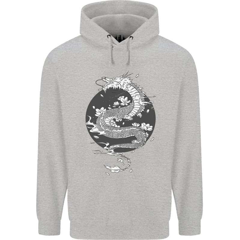 Japanese Fantasy Dragon Sun Background Childrens Kids Hoodie Sports Grey