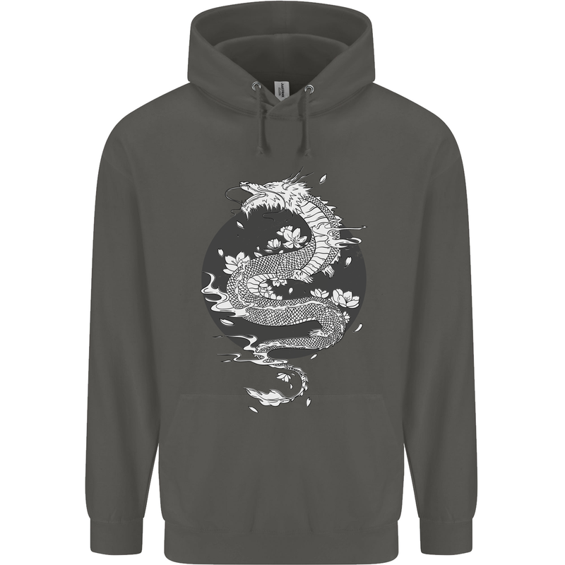 Japanese Fantasy Dragon Sun Background Childrens Kids Hoodie Storm Grey