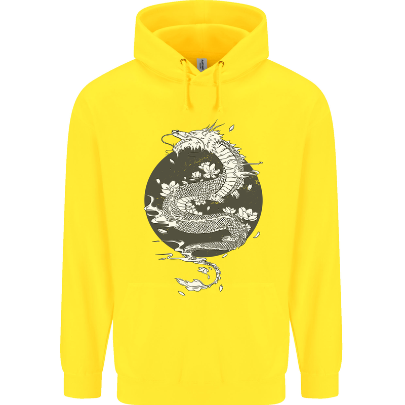 Japanese Fantasy Dragon Sun Background Childrens Kids Hoodie Yellow