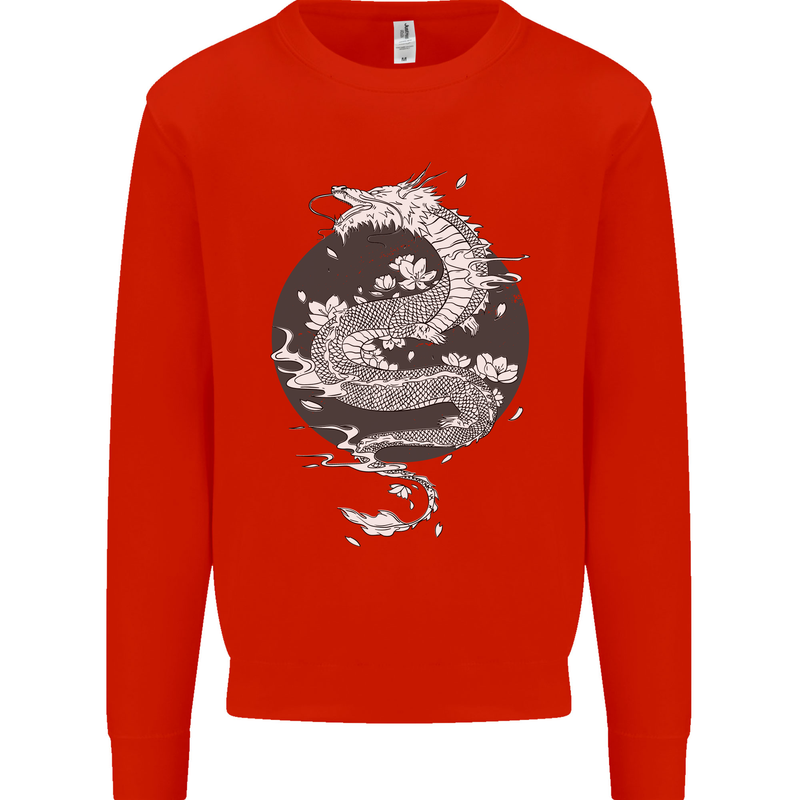 Japanese Fantasy Dragon Sun Background Kids Sweatshirt Jumper Bright Red