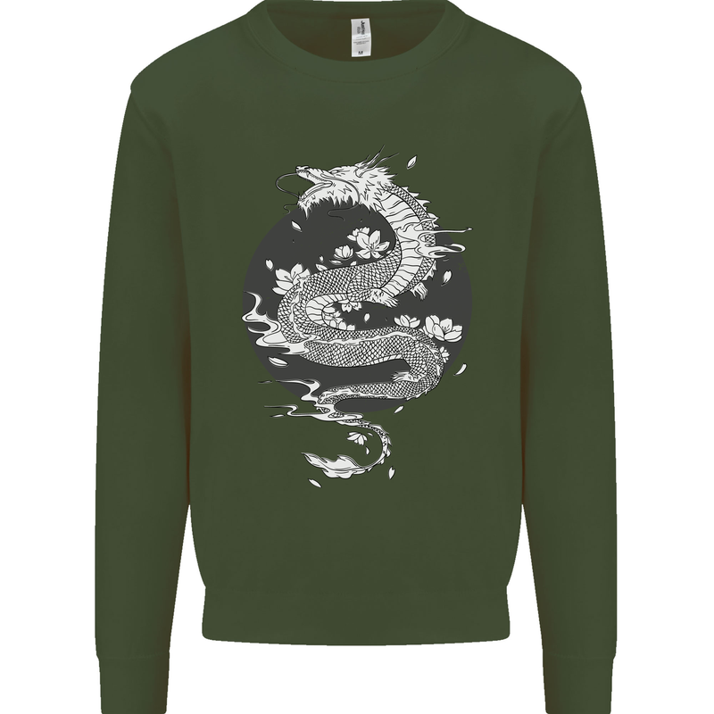 Japanese Fantasy Dragon Sun Background Kids Sweatshirt Jumper Forest Green