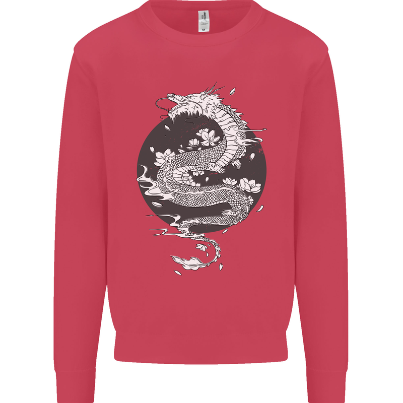 Japanese Fantasy Dragon Sun Background Kids Sweatshirt Jumper Heliconia