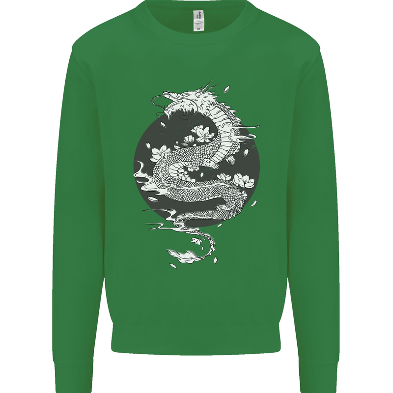 Japanese Fantasy Dragon Sun Background Kids Sweatshirt Jumper Irish Green