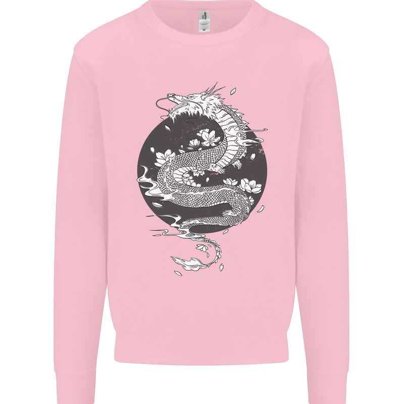 Japanese Fantasy Dragon Sun Background Kids Sweatshirt Jumper Light Pink