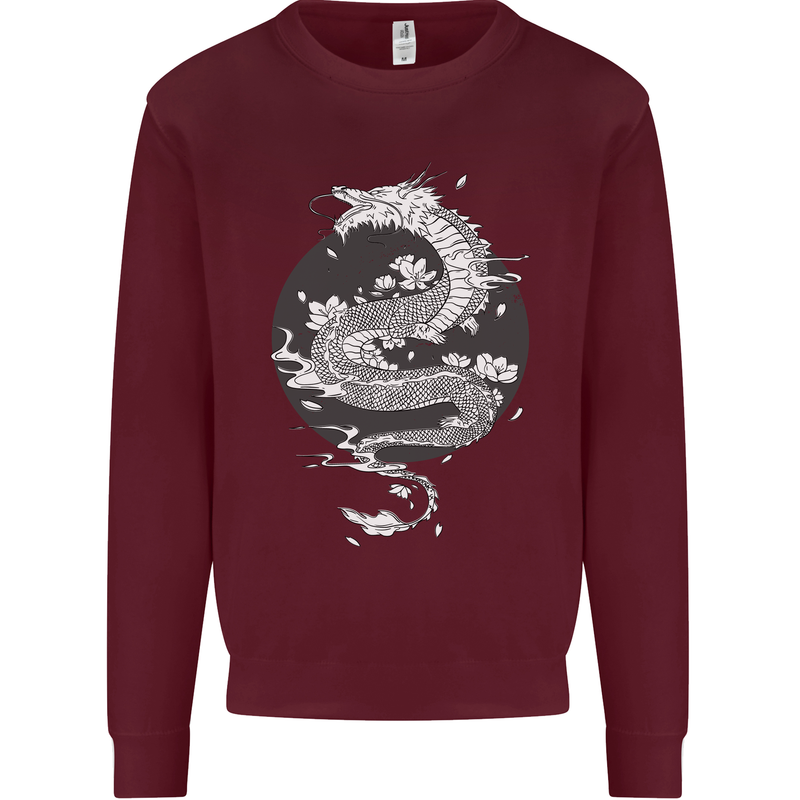 Japanese Fantasy Dragon Sun Background Kids Sweatshirt Jumper Maroon