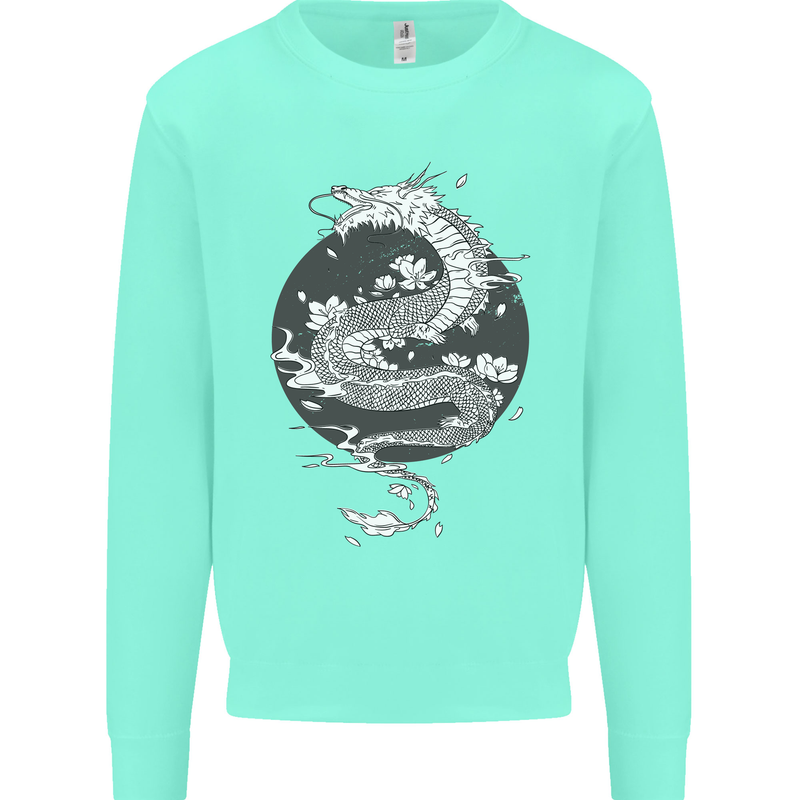 Japanese Fantasy Dragon Sun Background Kids Sweatshirt Jumper Peppermint