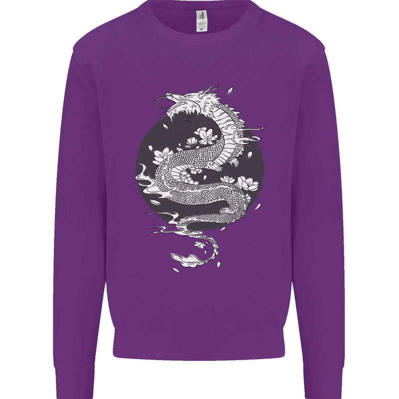 Japanese Fantasy Dragon Sun Background Kids Sweatshirt Jumper Purple