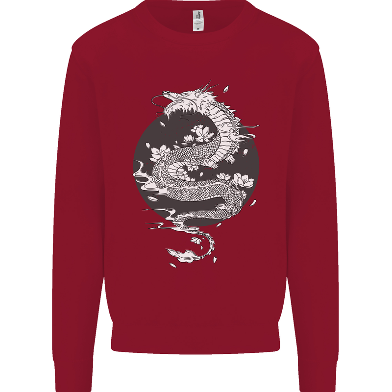 Japanese Fantasy Dragon Sun Background Kids Sweatshirt Jumper Red