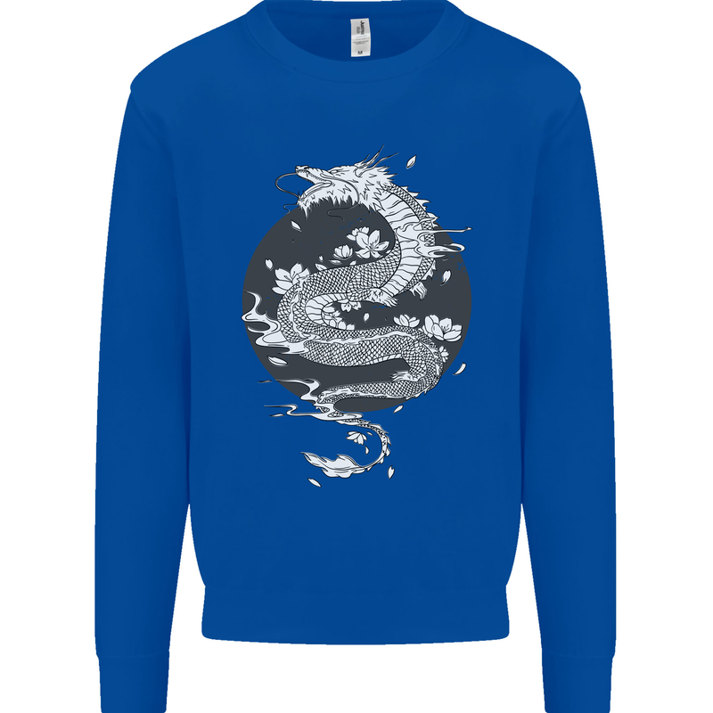 Japanese Fantasy Dragon Sun Background Kids Sweatshirt Jumper Royal Blue