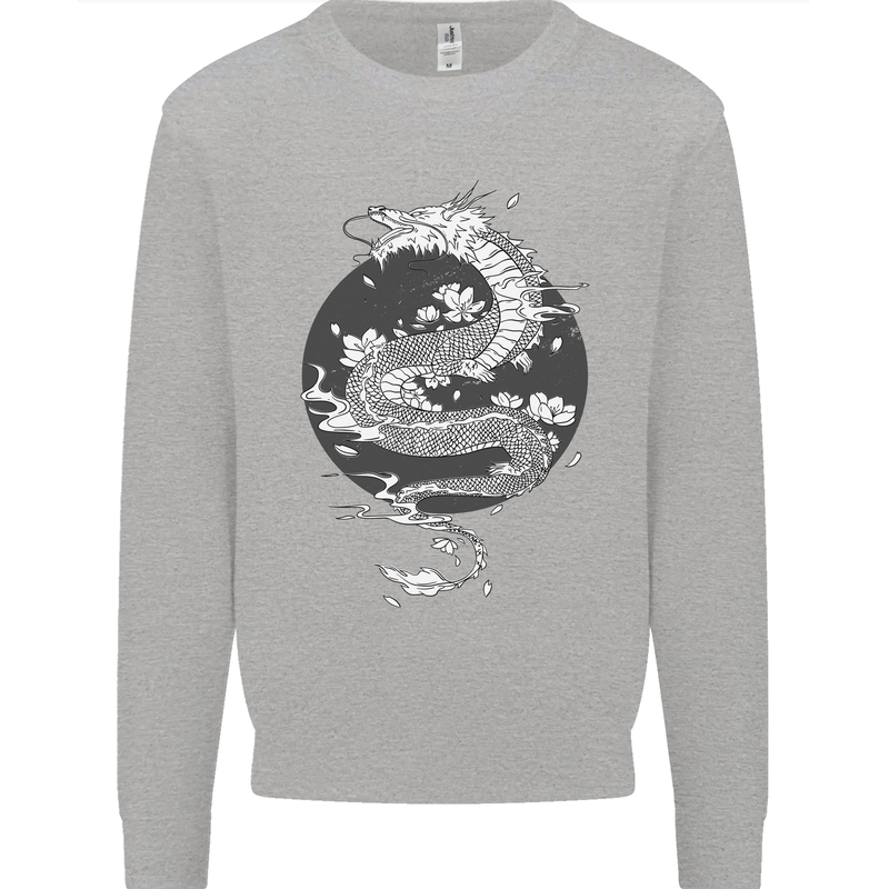 Japanese Fantasy Dragon Sun Background Kids Sweatshirt Jumper Sports Grey