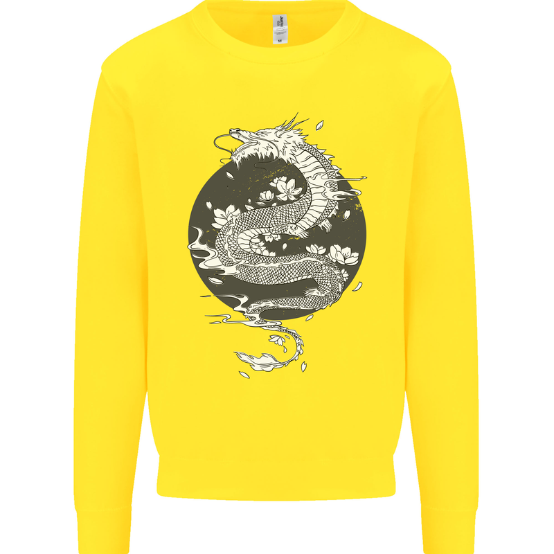 Japanese Fantasy Dragon Sun Background Kids Sweatshirt Jumper Yellow