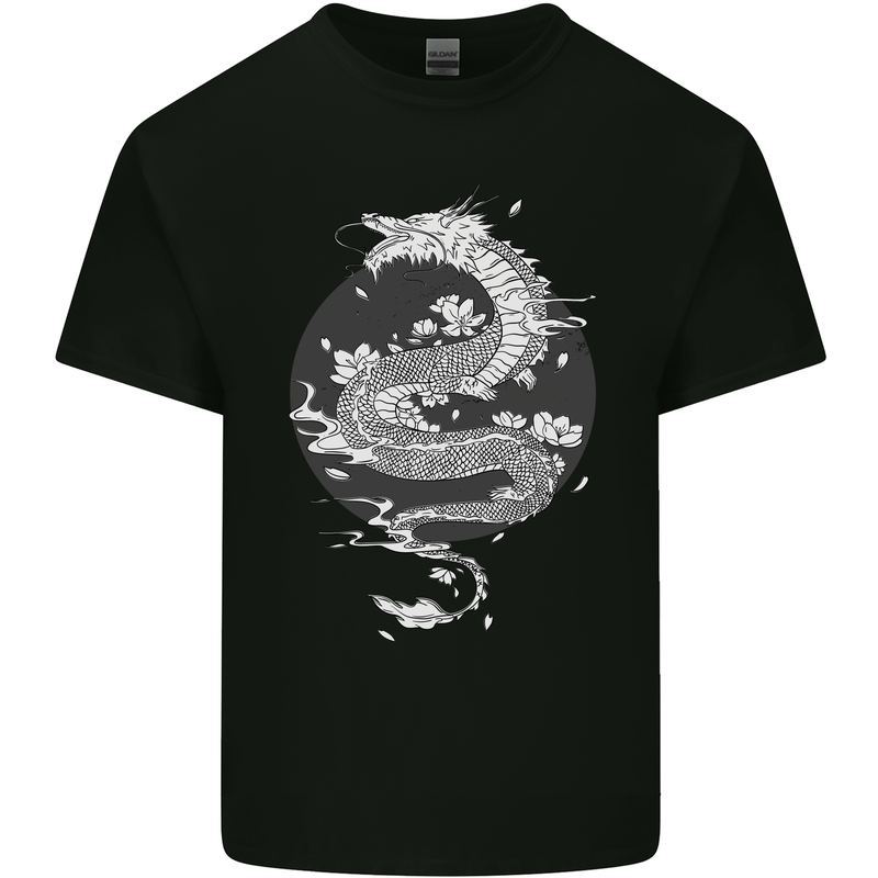 Japanese Fantasy Dragon Sun Background Kids T-Shirt Childrens Black