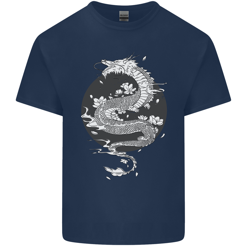 Japanese Fantasy Dragon Sun Background Kids T-Shirt Childrens Navy Blue
