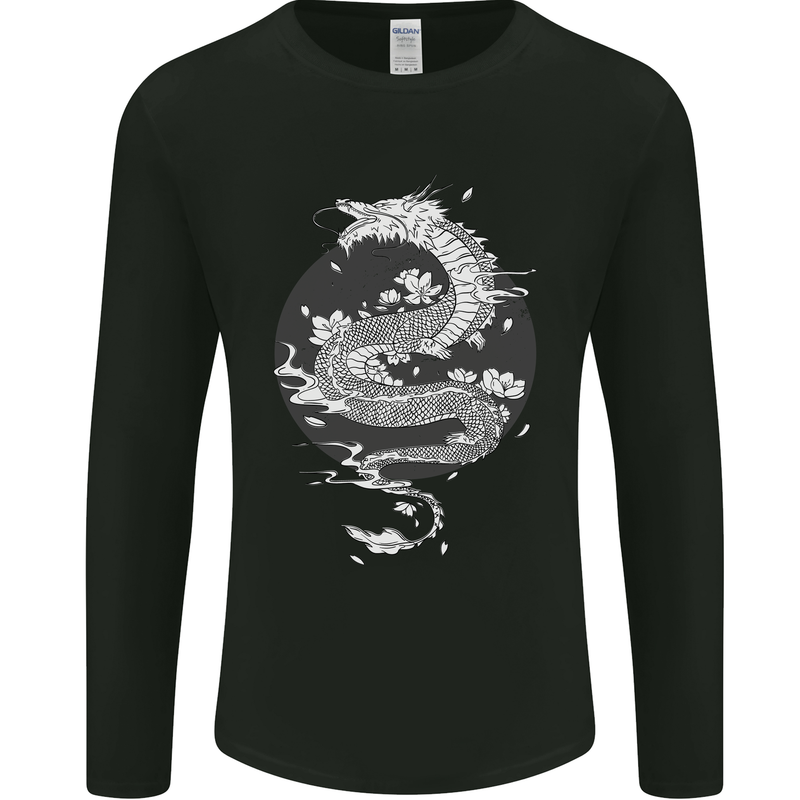 Japanese Fantasy Dragon Sun Background Mens Long Sleeve T-Shirt Black