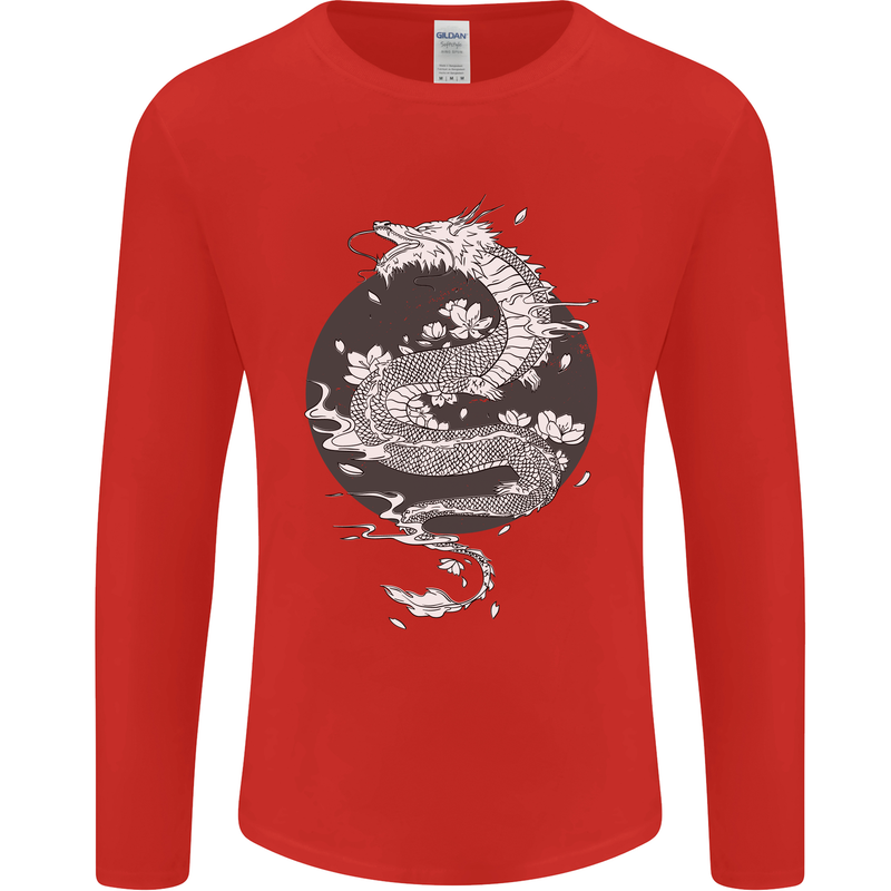 Japanese Fantasy Dragon Sun Background Mens Long Sleeve T-Shirt Red