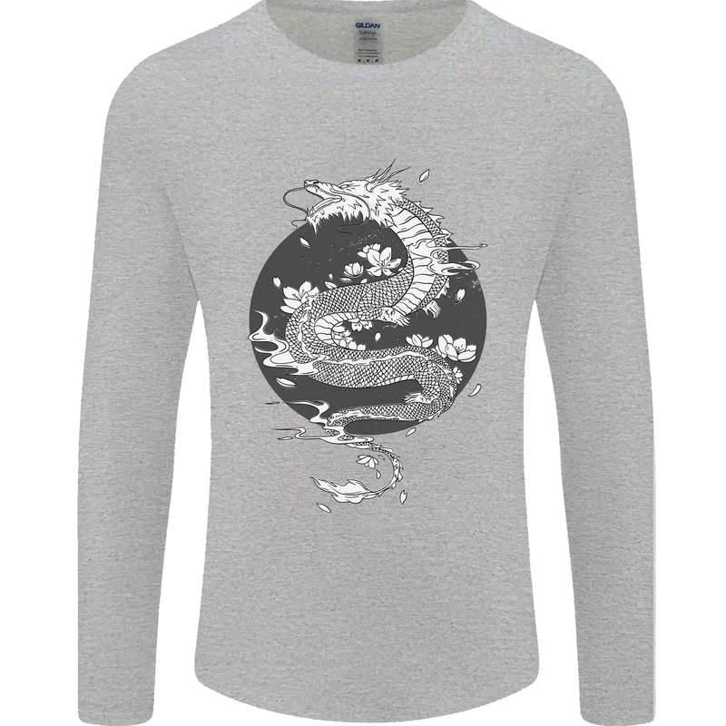 Japanese Fantasy Dragon Sun Background Mens Long Sleeve T-Shirt Sports Grey