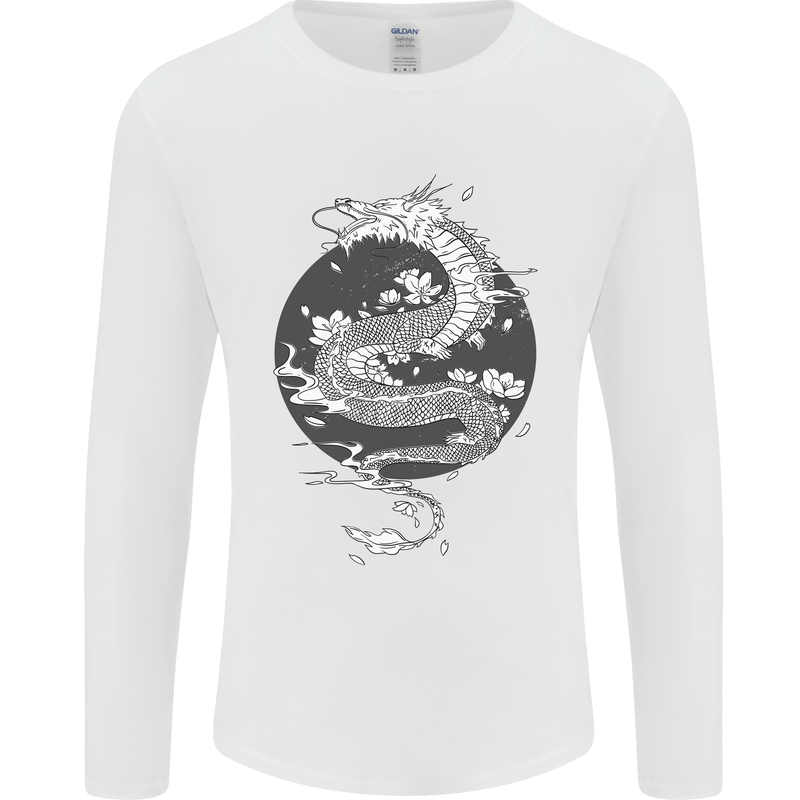 Japanese Fantasy Dragon Sun Background Mens Long Sleeve T-Shirt White
