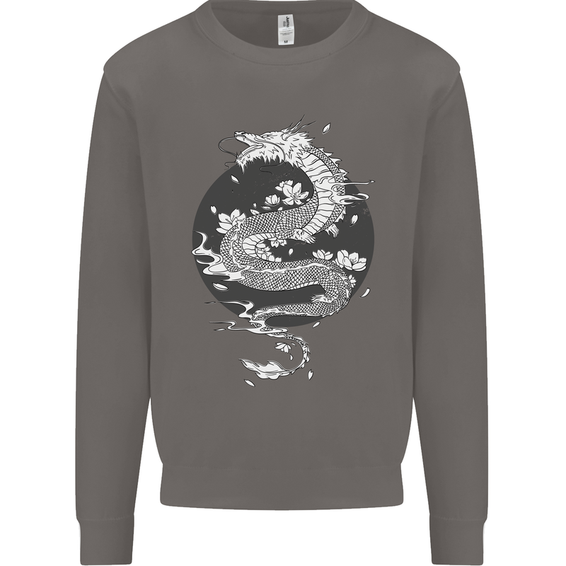 Japanese Fantasy Dragon Sun Background Mens Sweatshirt Jumper Charcoal