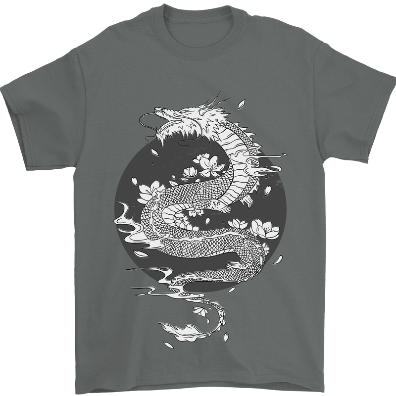 Japanese Fantasy Dragon Sun Background Mens T-Shirt 100% Cotton Charcoal