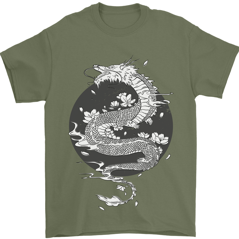Japanese Fantasy Dragon Sun Background Mens T-Shirt 100% Cotton Military Green