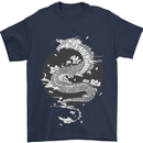 Japanese Fantasy Dragon Sun Background Mens T-Shirt 100% Cotton Navy Blue