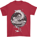 Japanese Fantasy Dragon Sun Background Mens T-Shirt 100% Cotton Red