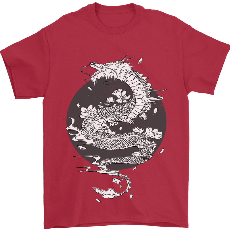 Japanese Fantasy Dragon Sun Background Mens T-Shirt 100% Cotton Red