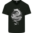 Japanese Fantasy Dragon Sun Background Mens V-Neck Cotton T-Shirt Black