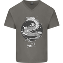 Japanese Fantasy Dragon Sun Background Mens V-Neck Cotton T-Shirt Charcoal