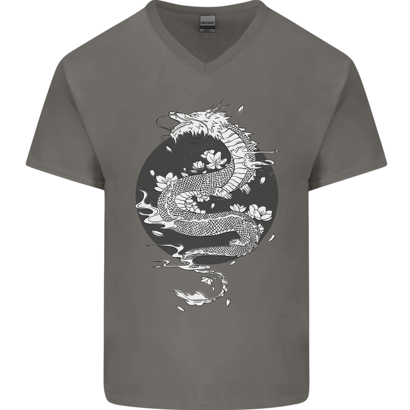 Japanese Fantasy Dragon Sun Background Mens V-Neck Cotton T-Shirt Charcoal