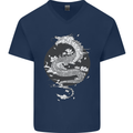 Japanese Fantasy Dragon Sun Background Mens V-Neck Cotton T-Shirt Navy Blue