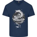 Japanese Fantasy Dragon Sun Background Mens V-Neck Cotton T-Shirt Navy Blue