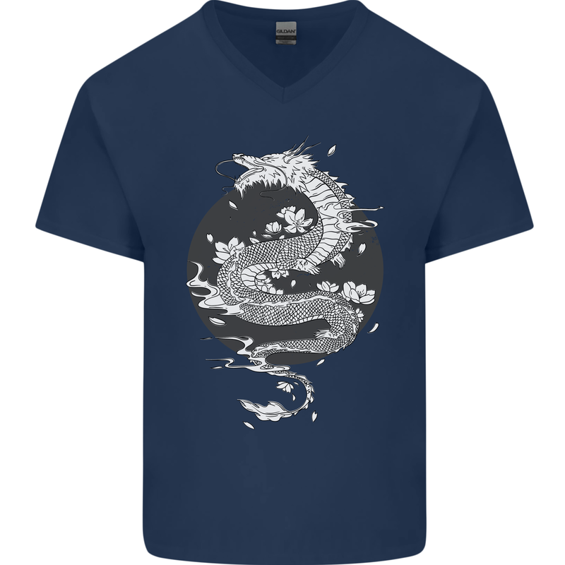 Japanese Fantasy Dragon Sun Background Mens V-Neck Cotton T-Shirt Navy Blue