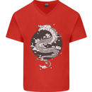 Japanese Fantasy Dragon Sun Background Mens V-Neck Cotton T-Shirt Red