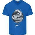 Japanese Fantasy Dragon Sun Background Mens V-Neck Cotton T-Shirt Royal Blue