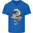Japanese Fantasy Dragon Sun Background Mens V-Neck Cotton T-Shirt Royal Blue