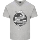 Japanese Fantasy Dragon Sun Background Mens V-Neck Cotton T-Shirt Sports Grey