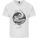 Japanese Fantasy Dragon Sun Background Mens V-Neck Cotton T-Shirt White