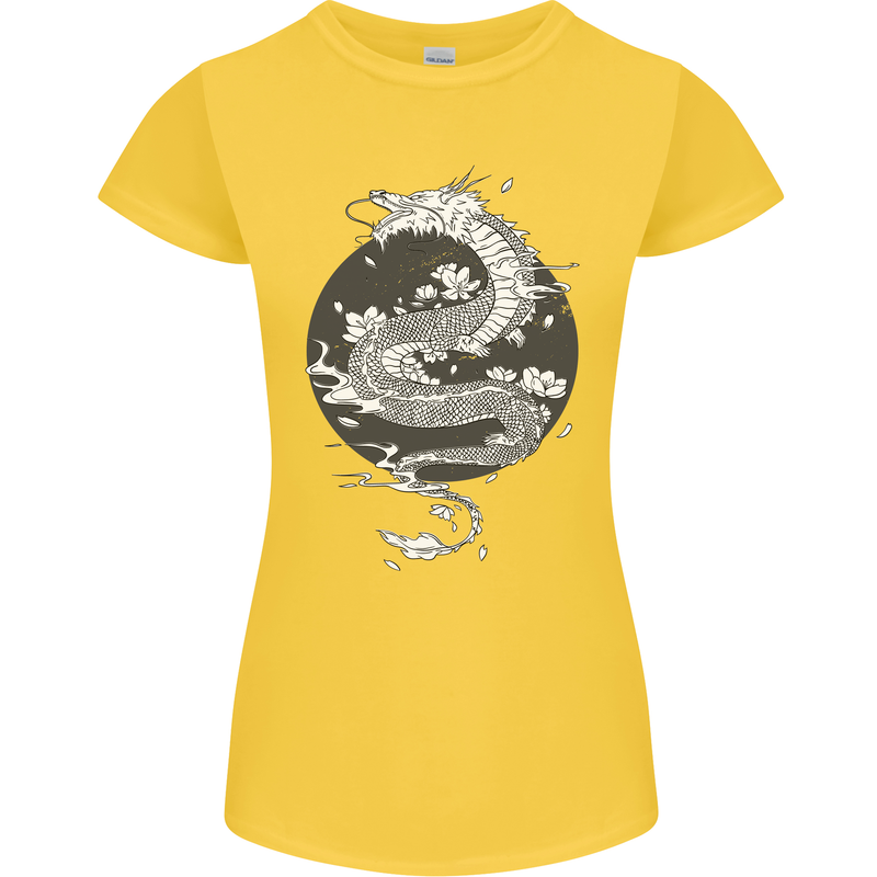 Japanese Fantasy Dragon Sun Background Womens Petite Cut T-Shirt Yellow