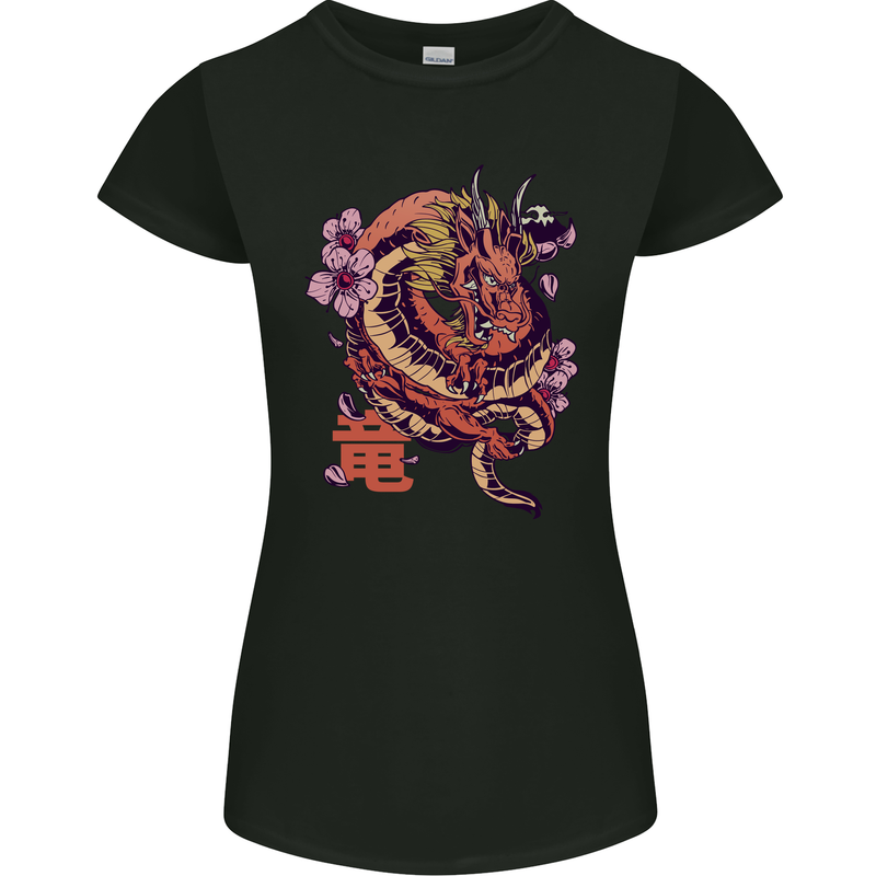 Japanese Fantasy Dragon Womens Petite Cut T-Shirt Black