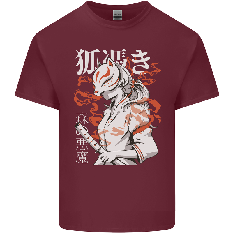 Japanese Kitsune Paranormal Fox Mens Cotton T-Shirt Tee Top Maroon