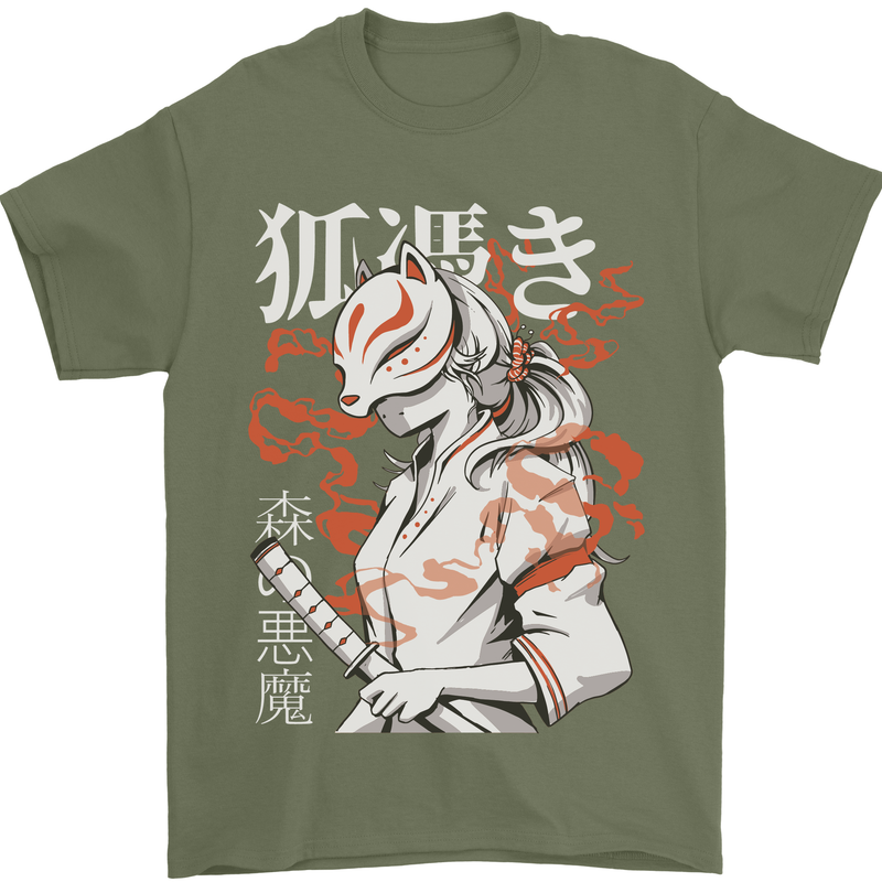 Japanese Kitsune Paranormal Fox Mens T-Shirt 100% Cotton Military Green