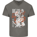 Japanese Kitsune Paranormal Fox Mens V-Neck Cotton T-Shirt Charcoal