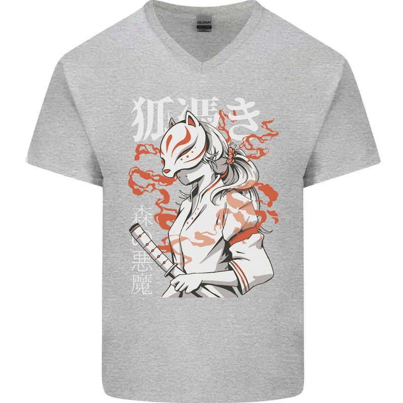 Japanese Kitsune Paranormal Fox Mens V-Neck Cotton T-Shirt Sports Grey