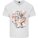 Japanese Kitsune Paranormal Fox Mens V-Neck Cotton T-Shirt White
