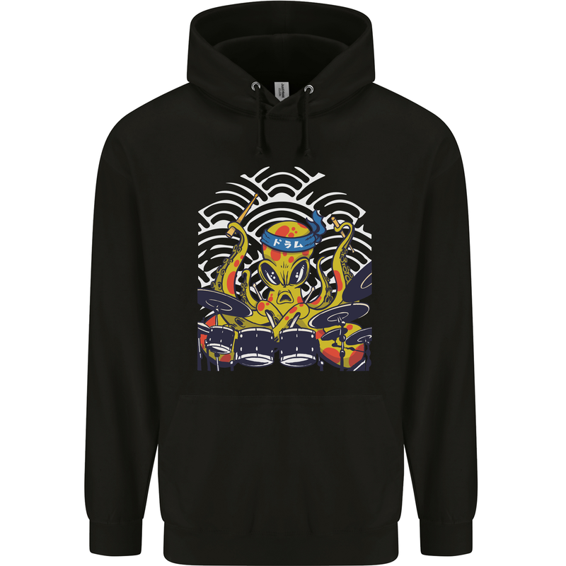 Japanese Octopus Drummer Drumming Drums Mens 80% Cotton Hoodie Black